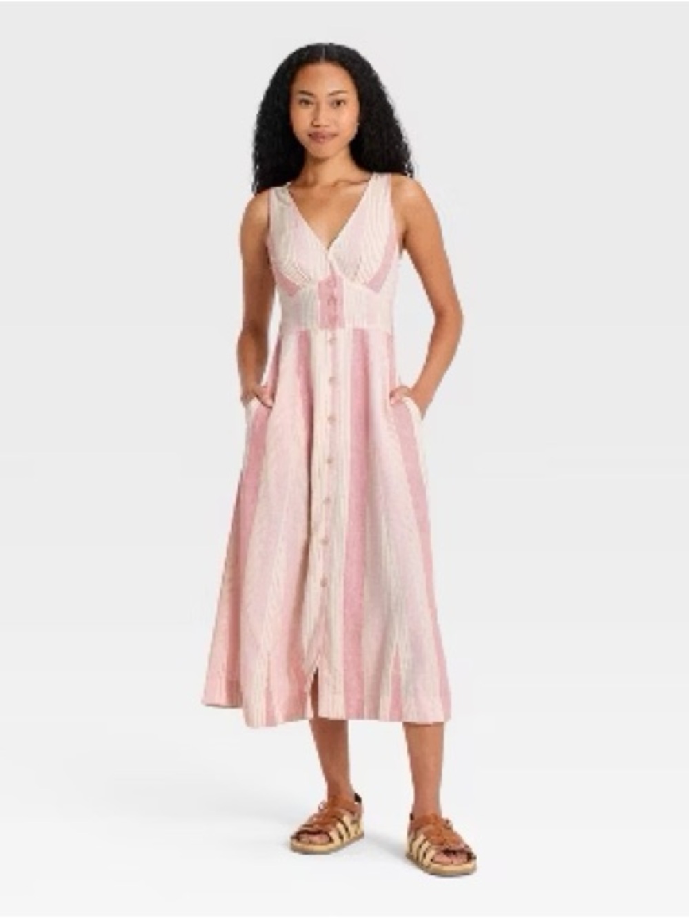 Universal Thread Pink and Cream Striped Button-Front Maxi Dress